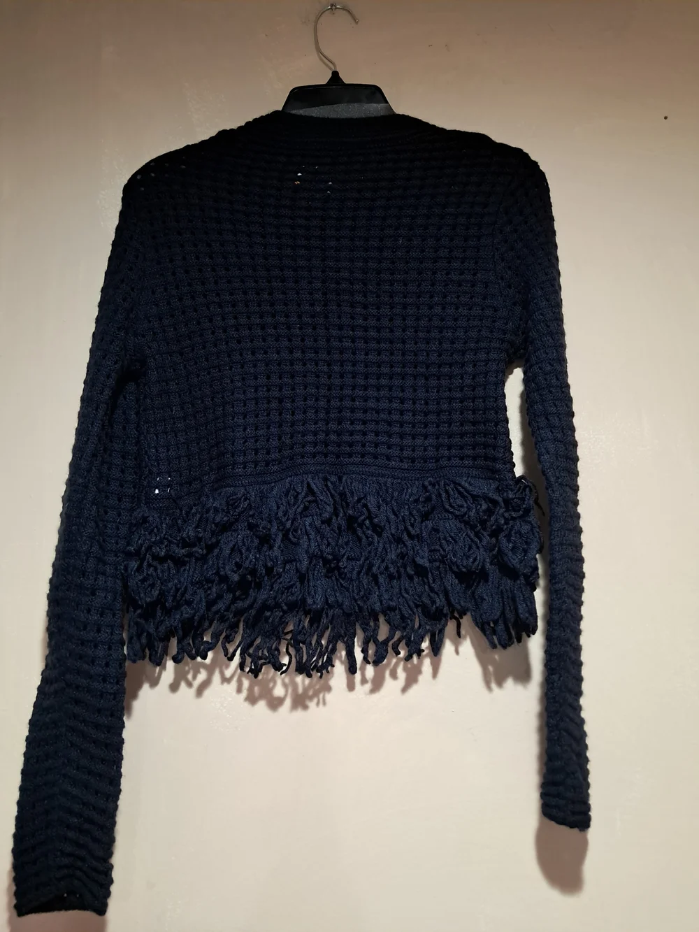 Zara Boho Chic Navy Blue Fringe Crop Textured Sweater Size M